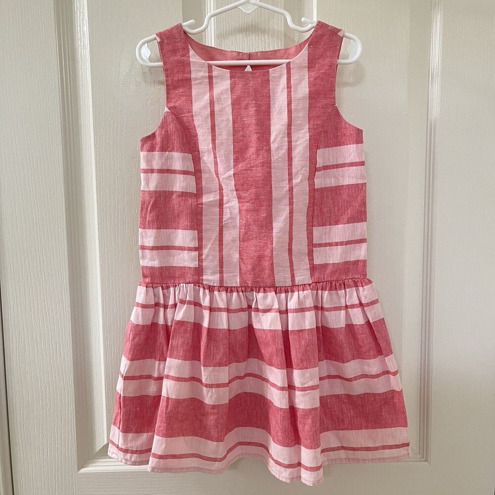 Janie and Jack Pink Striped Linen Cotton Dress Flower Island Girls Size 5 NWT